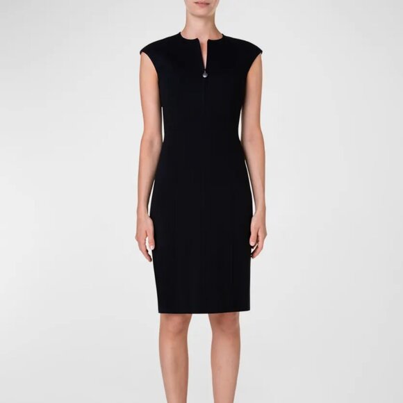 Akris Punto Cap-Sleeve Zip-Front Seamed Dress, Black - Picture 1 of 12